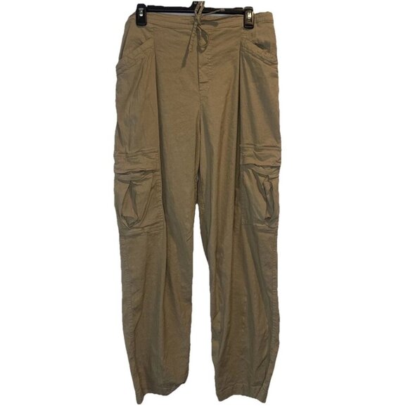 Athleta Women’s Tan Flax Paradise Mid Rise Linen Blend Pull On Cargo Pants Sz M - Picture 2 of 15